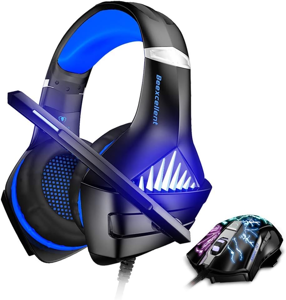 BENGOO GM-5 Stereo Gaming Headset for Xbox One, PS4, PC with Mouse, Noise Cancelling Over Ear Headphones with Mic, LED Light