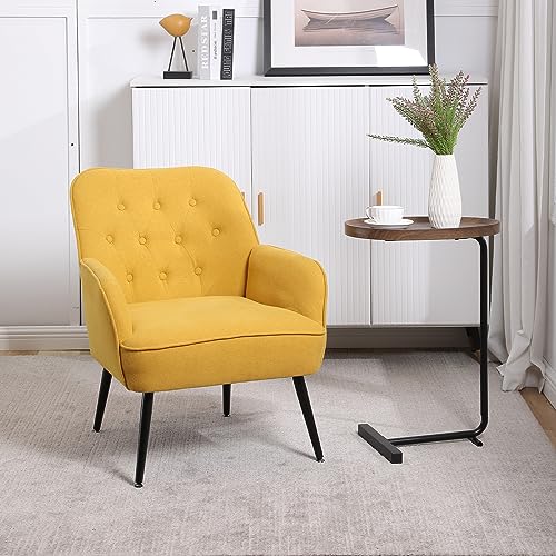 Linen Accent Chairs, Button-Tufted Bedroom Chair Mid Century Modern Armchairs with Black Metal Legs Upholstered Accent Chair Living Room Chairs