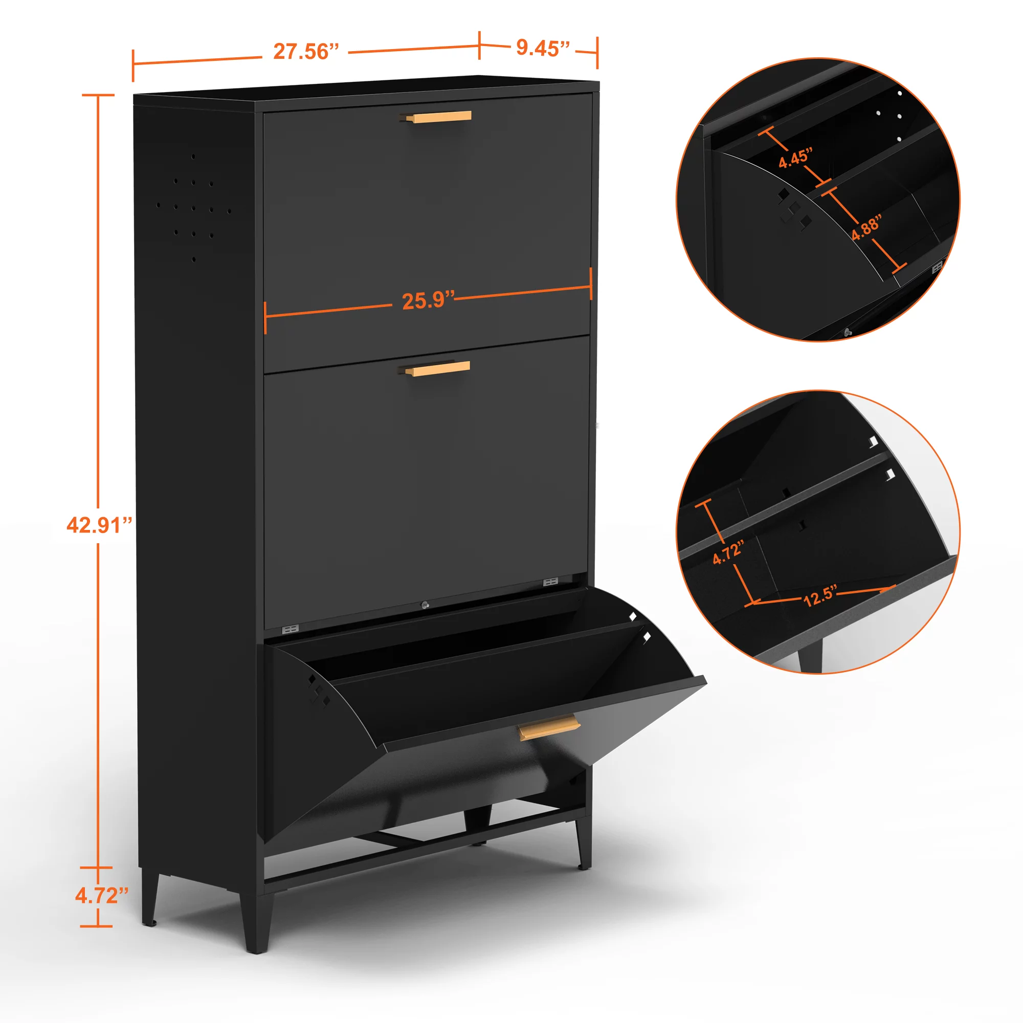 Royard Oaktree Shoe Cabinet Freestanding Metal Shoe Storage Cabinet with 3 Flip Drawers Modern Narrow Shoes Organizer Large Shoe Rack for Entryway