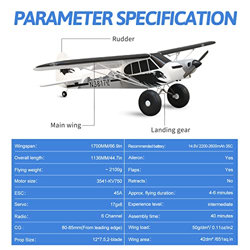 Fms Rc Plane Remote Control Airplane 1700MM (67") Piper PA-18 Super CUB with Reflex V2 6 Channel Rc Planes for Adults without Float PNP (No Radio
