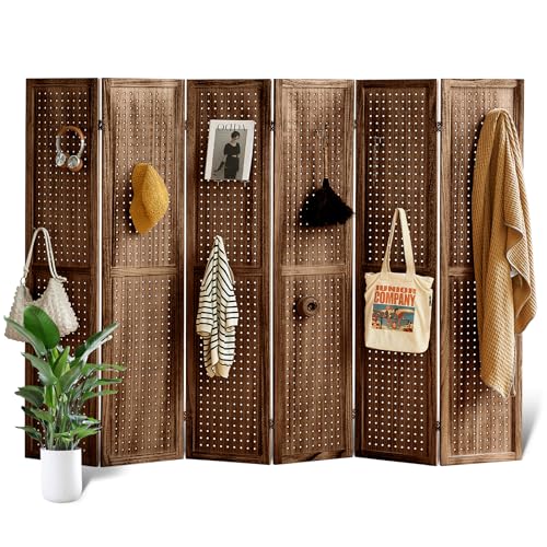 4 Panel Room Divider with Shelves, 5.6Ft Pegboard Display with 16 Hooks,Soild Wood Room Divider, Folding Privacy Screen