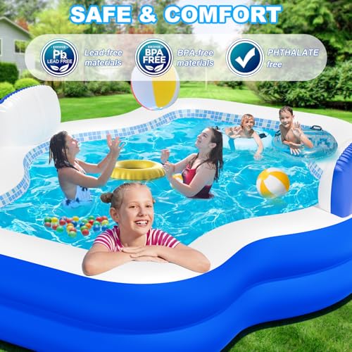Large Inflatable Swimming Pool for Kids Adults, 121" X 90" X 22" Oversized Thickened Kiddie Pools Family Blow-Up Pool with Pump Seat