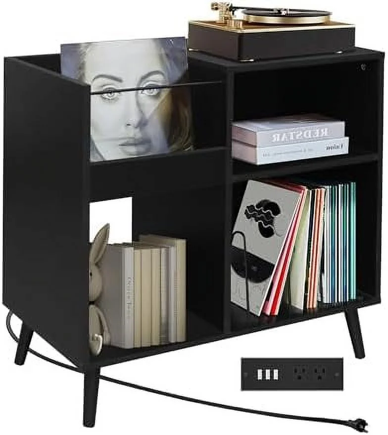 CDHJKKB Mid-Century Vinyl  Cabinet  with Solid Wood Legs  Turntable Stand with Power Outlet Holds up to 200 Albums  Record Player Holder Display