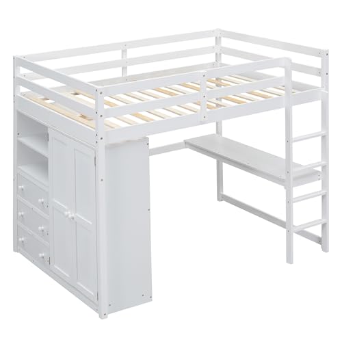 Full Size Loft Bed with Desk & Wardrobe, Solid Wood Kids Loft Bedframe w/3 Storage Drawers & 2 Shelves, Maximum Space Design, for Bedroom, Dorm, Gray