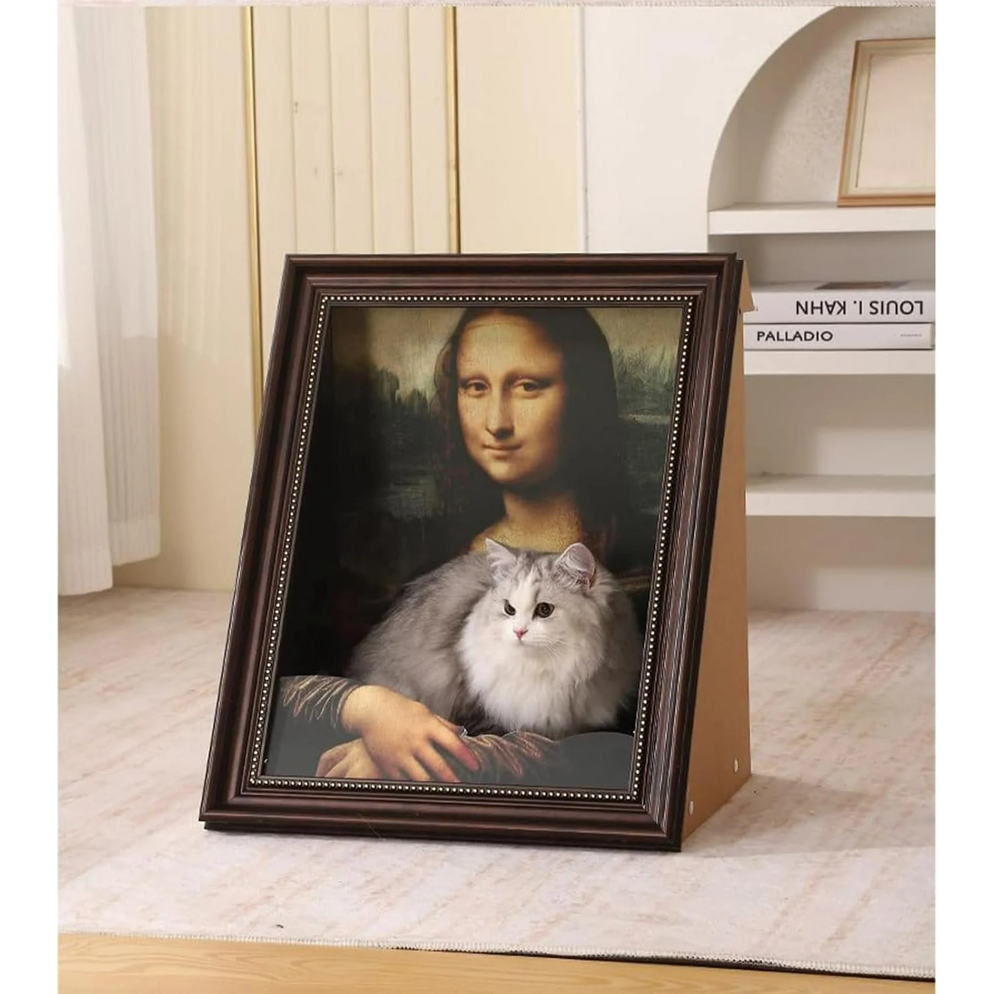 Mona Lisa Cat Scratcher Bed, Cat Living in Famous Painting, Art 4D Oil with Arm Front Panel