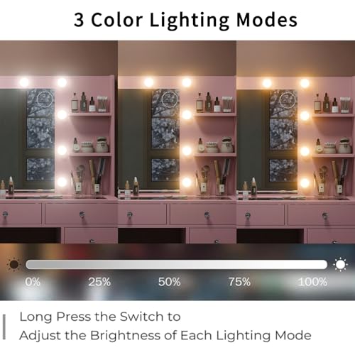 55" W Vanity Desk, Makeup Vanity with Charging Station, 15 Drawers with Lighted Mirror, 3 Lighting Modes, Brightness Adjustable, Glass Top