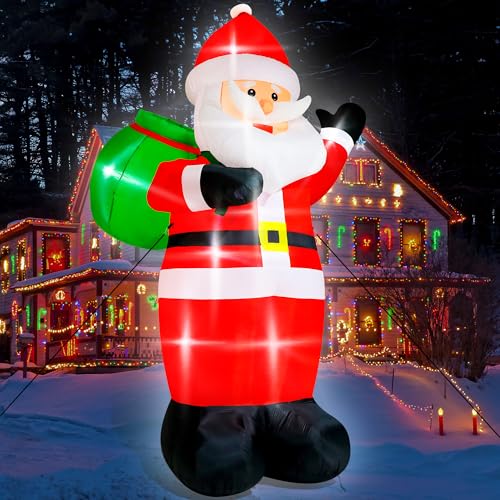 15FT Christmas Inflatables, Giant Inflatable Santa Claus Holding Gift Bags, Blow Up Christmas Santa Claus with 8pcs LED