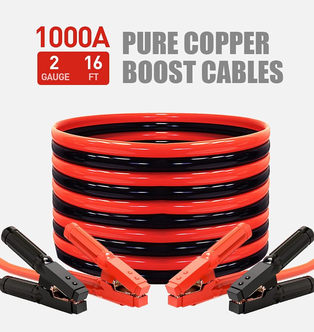 AUTOGEN 100% Copper Jumper Cables 2 Gauge 16 Feet for Car Battery Heavy Duty Jumper Cables 1000AMP Smart Booster Cables with Strong Clips Carry Bag