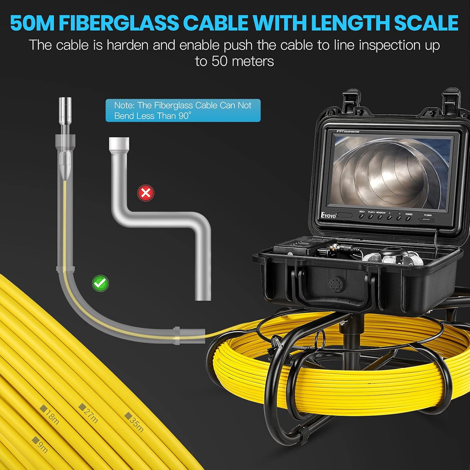 Upgraded 164ft/50m Sewer Camera, 23mm HD 720P Camera with 12pcs LED, 9 LCD Monitor with DVR, Fiberglass Cable, Rechargeable Battery, 8GB TF Card
