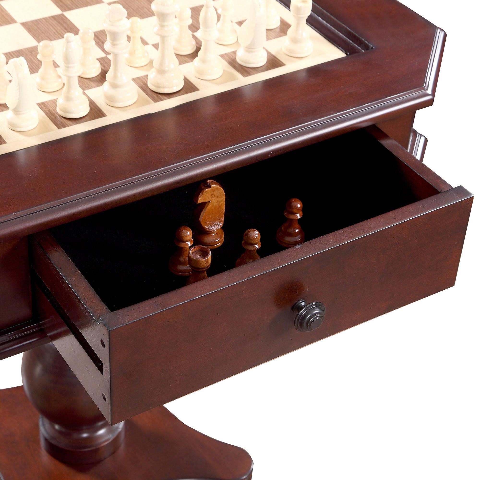 Carmelli NG2995 Fortress Chess Checkers u0026 Backgammon Pedestal Game Table u0026 Chairs Set - Mahogany