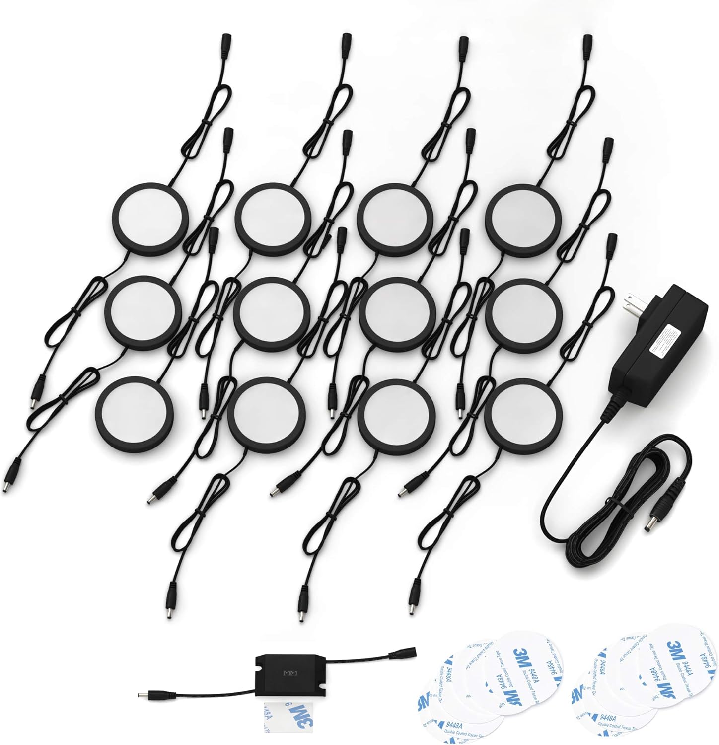 EShine Black Matte Under Cabinet Puck Lights with Hand Wave Sensor – Circular LED Cabinet Lights – Dimmable – Pack of 12, Warm White (3000K)