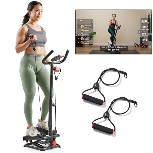 Sunny Health & Fitness Total Body 2-in-1 Smart Stepper Machine for Home with Handlebar and Resistance Bands, Total Body Workout, Adjustable Hydraulic