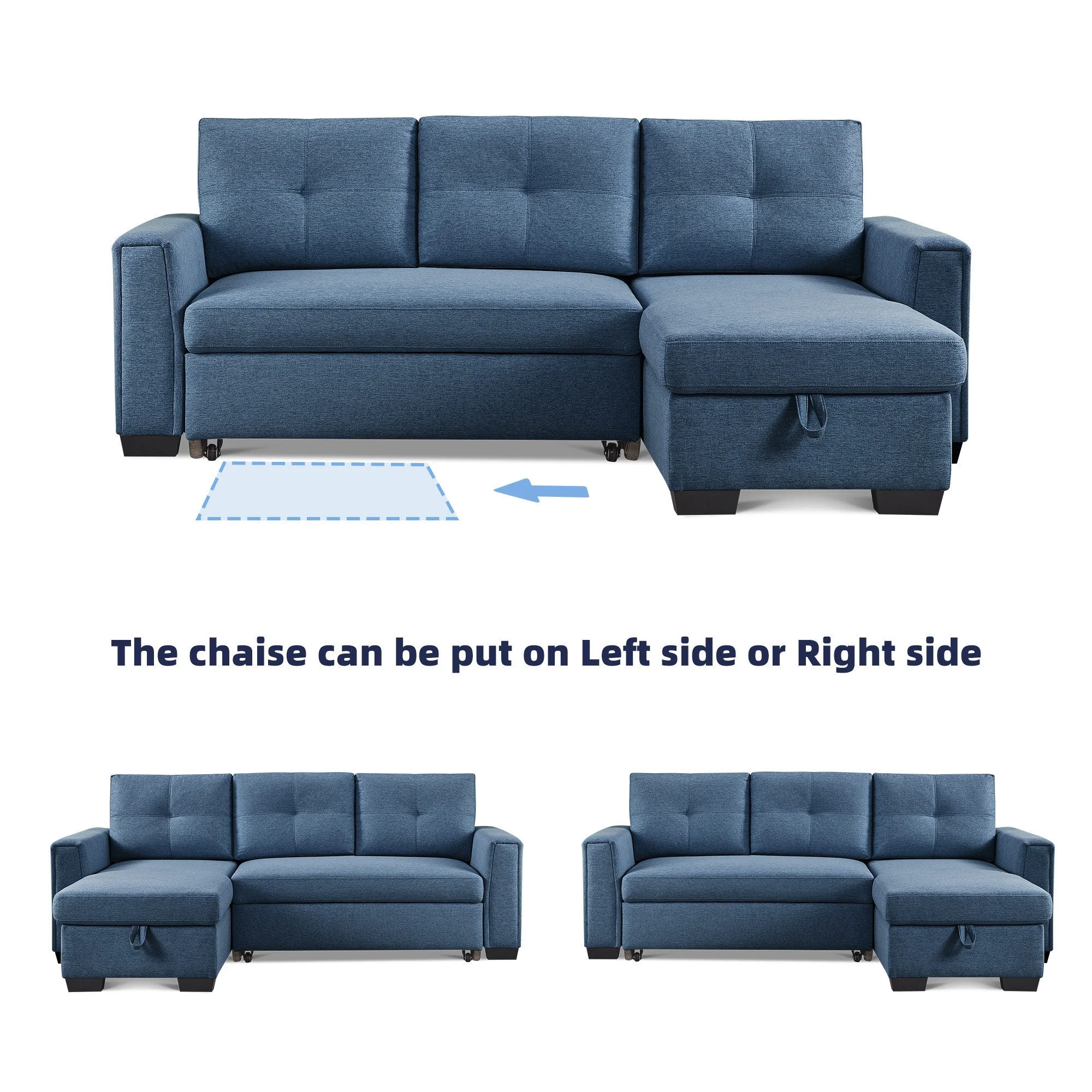 Panora  L-Shape Pull-Out Sleeper Sectional Sofa  - Blue