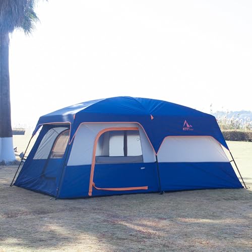 KTT Extra Large Tent 10-12-14 Person(B),Family Cabin Tents,2 Rooms,3 Doors and 3 Windows with Mesh,Straight Wall,Waterproof,Double Layer