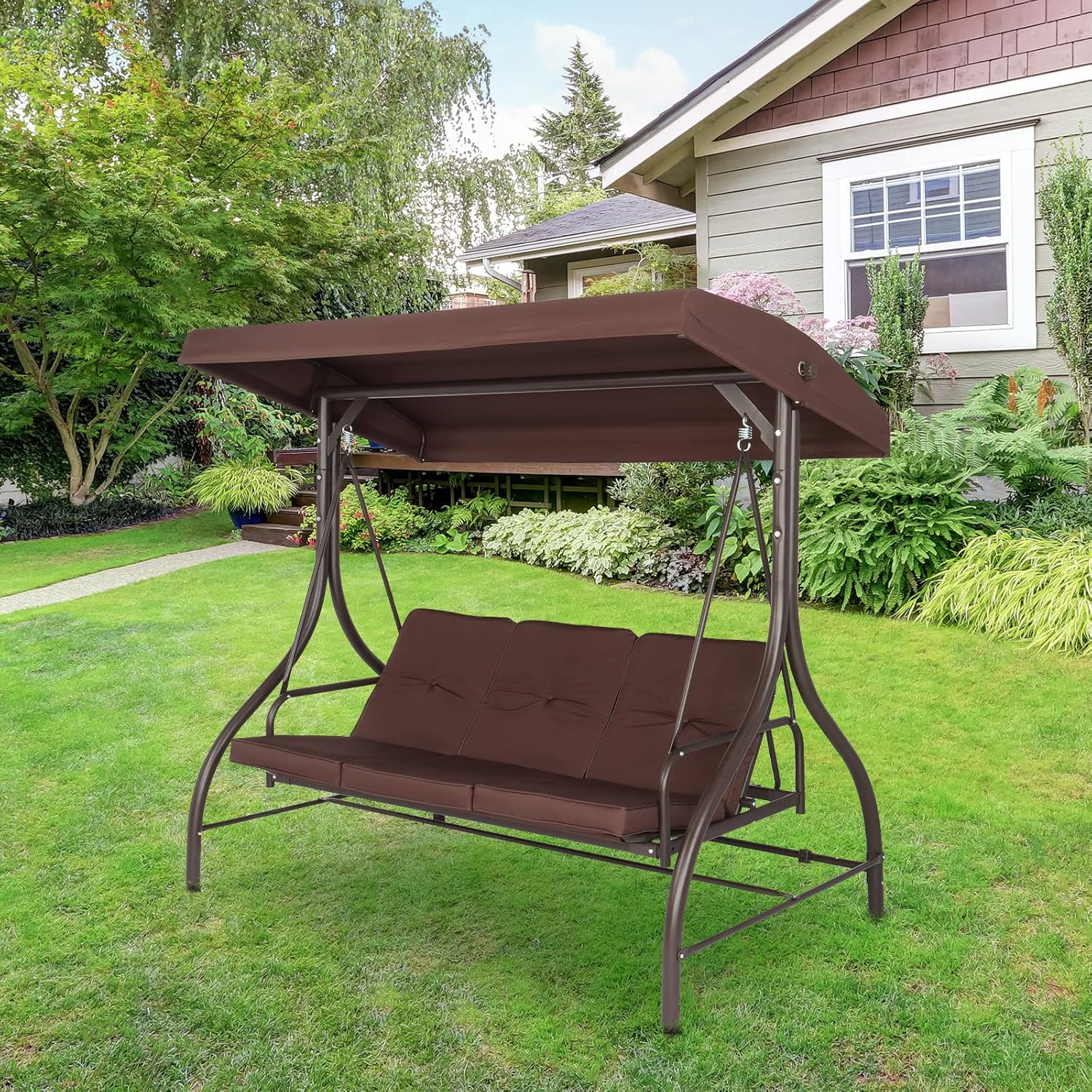NA Steel Swing Load Bearing 551-pound,Porch Swing Outdoor Patio Swing Seat with Comfortable Cushion and Adjustable Waterproof Canopy Swing Chair