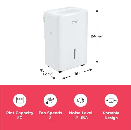 Frigidaire 50-Pint Portable Dehumidifier with Wi-Fi and Energy Star Certification for Medium/Large Rooms & Basements, Custom Humidity Control