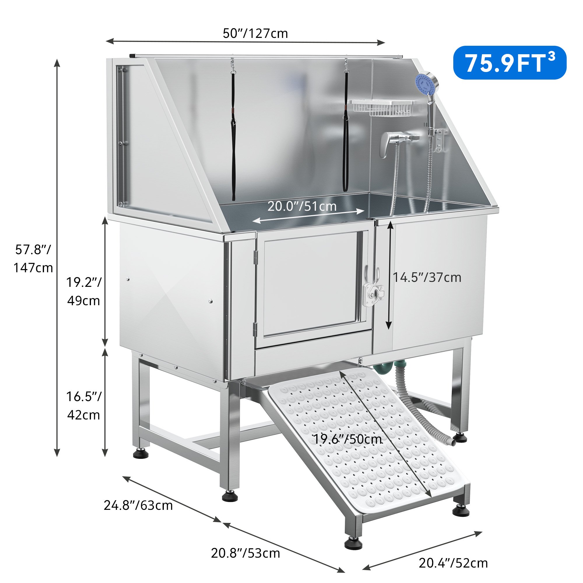 Dextrus 50" Dog Grooming Tub 304 Stainless Steel Professional Dog Bathing Station with Ramp