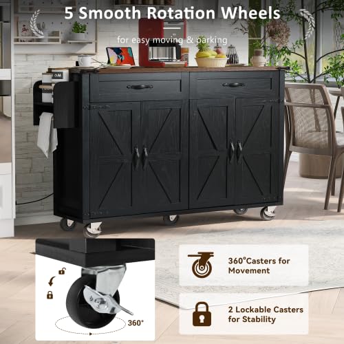 Bellemave Kitchen Island with Storage Cabinet on Wheels, 53.5'' Mobile Kitchen Cart with Power Outlet, Drop Leaf, Spice/Towel Rack and Drawer