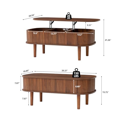 Fluted Lift Top Coffee Table with Hidden Compartment, Fully Assembled Wooden Center Table, Modern Oval Lift Tabletop for Home Living Room Office