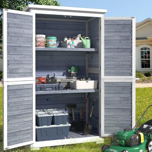 Gizoon Outdoor Storage Cabinet with 3 Shelves, Double Lockable Wooden Garden Shed with Waterproof Roof