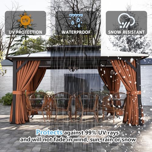 Aoxun 12'x14' Hardtop Gazebo, Aluminum Frame Permanent Pavilion with Curtains and Netting, Outdoor Polycarbonate Double Roof Canopy