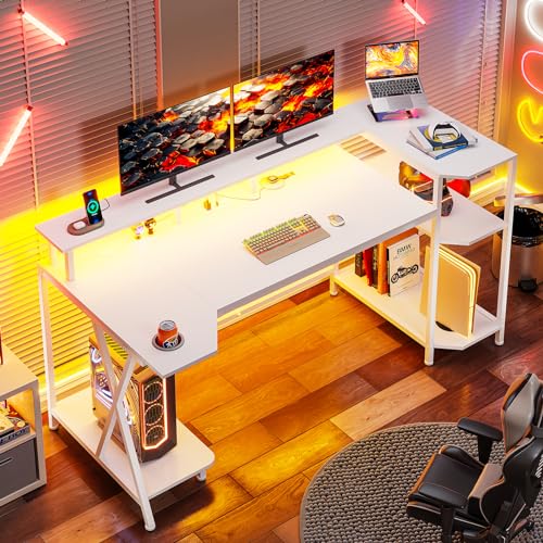 SEDETA Gaming Desk 70.8'' with LED Lights and Storage Shelves, Computer Desk with Monitor Stand, Power Outlets and Cup Holder, Large PC Gamer Desk