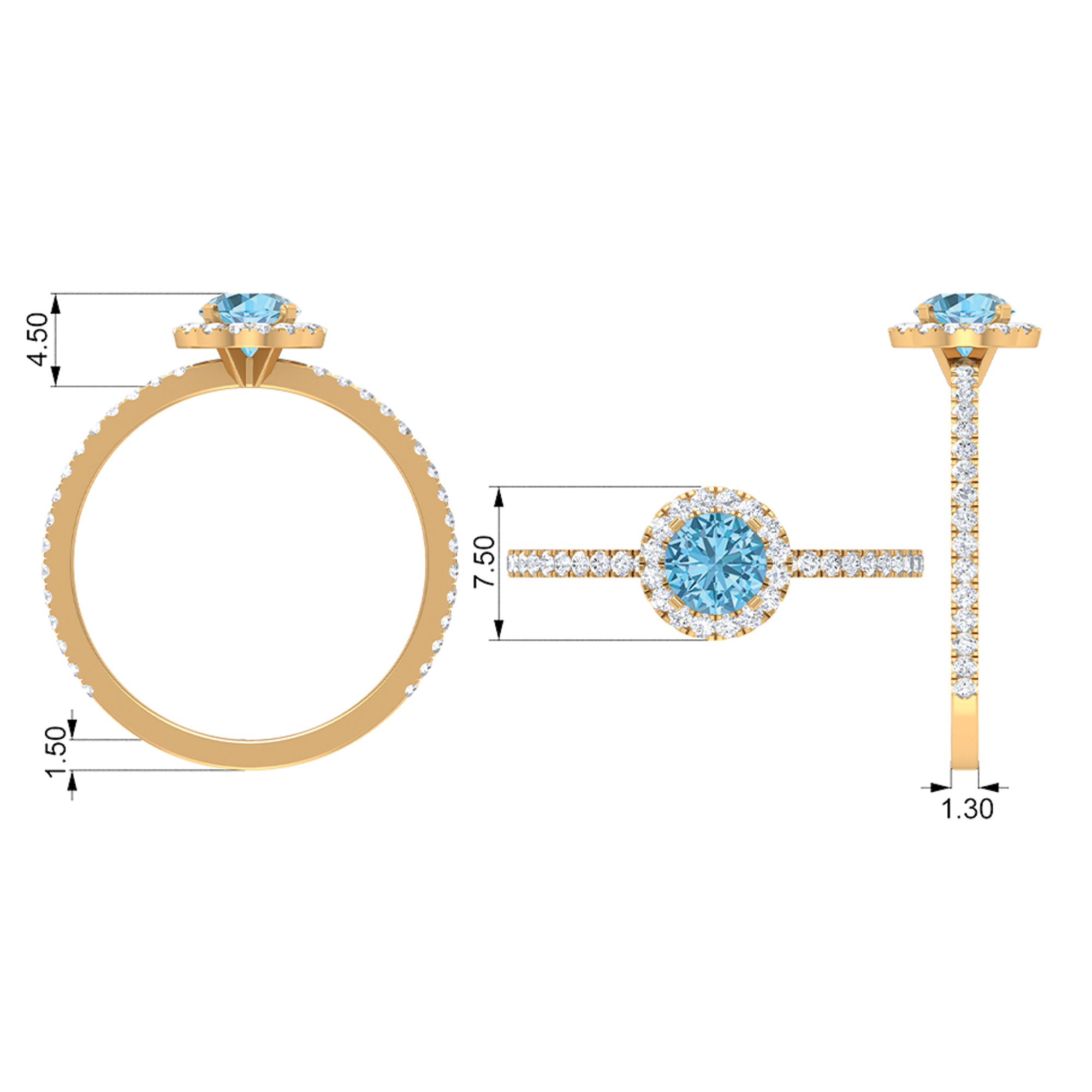 1.25 CT Aquamarine Ring with Diamond Halo for Women (5 mm) - AAA Grade, 10K White Gold, US 6.00