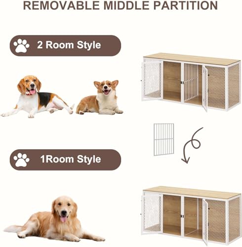 71 Inch Dog Crate Furniture for 2 Dogs, XXL Double Cage with Removable Divider & Large Doors, Heavy Duty Wooden Dog Kennel, Indoor Pet House (Black