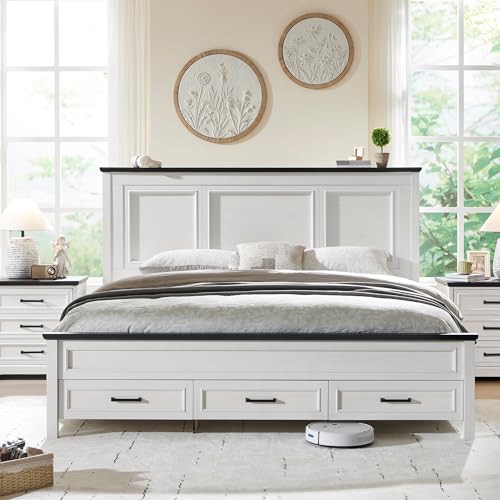 Farmhouse Full Size Bed Frame with 52" Tall Full-Panel Headboard & Footboard, Full Platform Bedframe with Storage Drawers, Wood Panel Bed Base