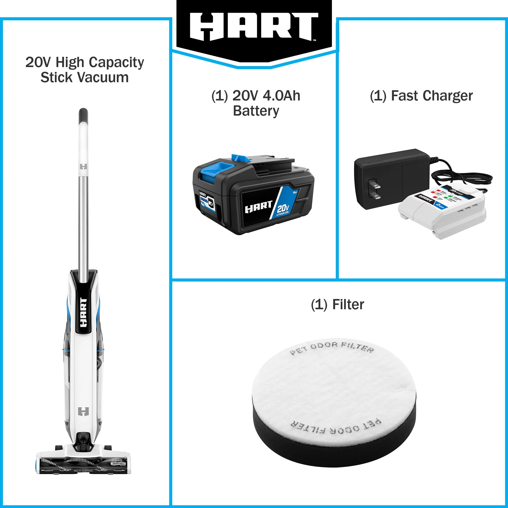 HART 20-Volt High Capacity Cordless Stick Vacuum Kit (1) 20-Volt 4.0AH Lithium-Ion Battery