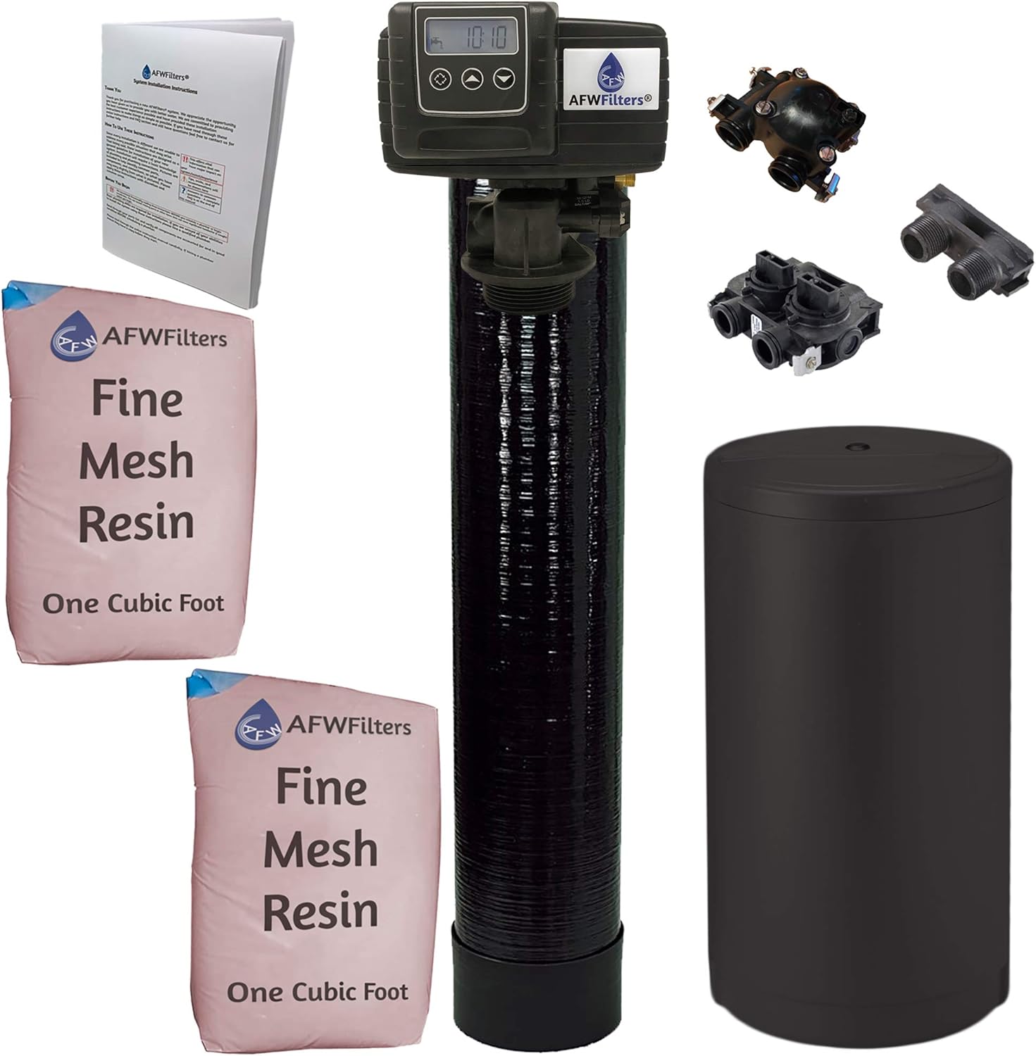 Fleck Whole House Water Softener System 5600sxt Digital Meter Grain-includes valve & brine tank with safety float 1 Inch Yoke, Black Fine Mesh Resin
