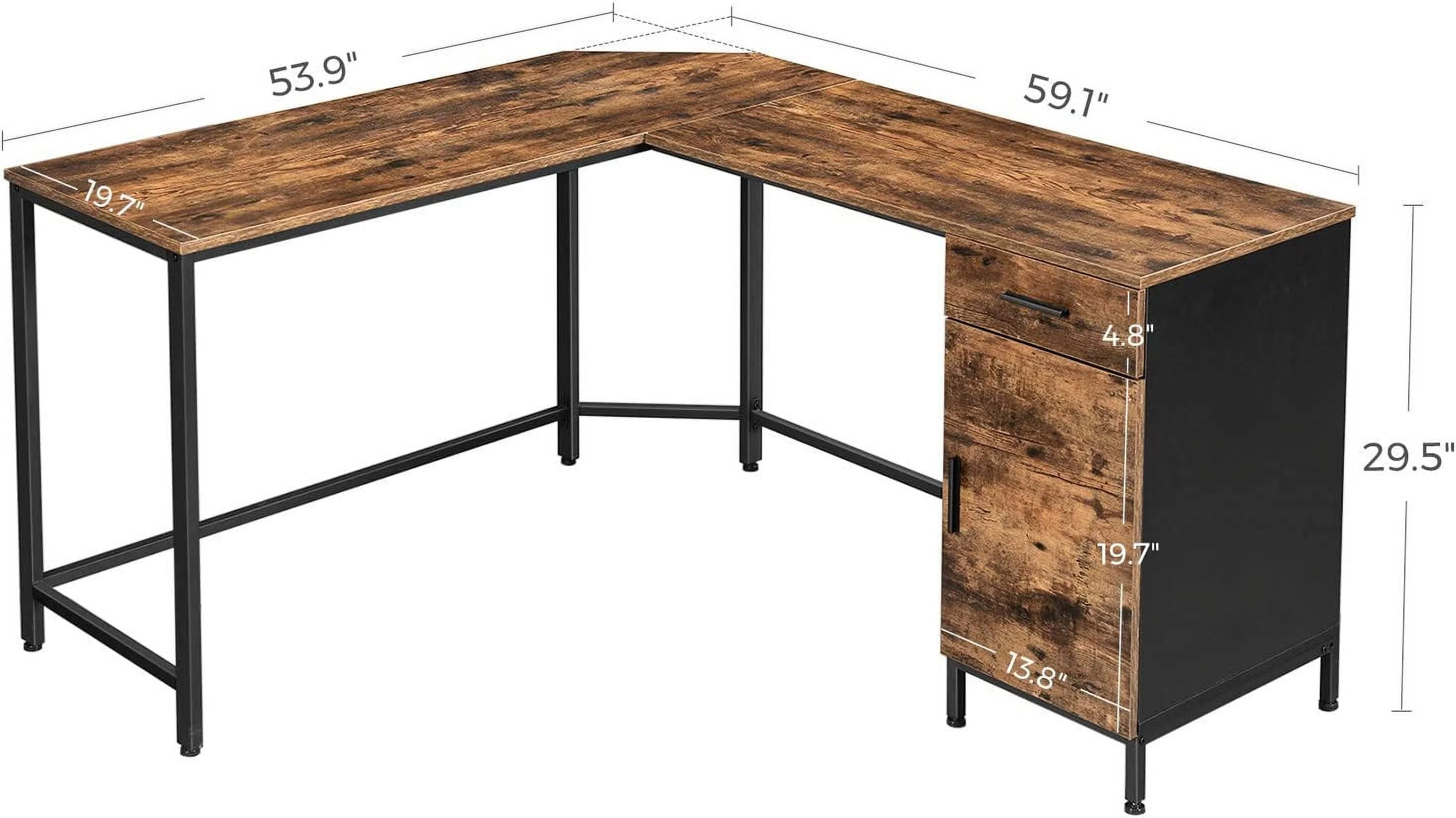 L-Shaped Computer Desk with Cabinet and Drawer  Corner Desk  Study   Office  Space-Saving  Steel  Industrial  53.9 x 59.1 x 29.5 Inches  Rustic Brown