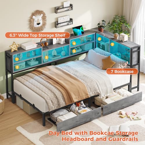 DICTAC Corner Twin Bed Frame with Bookcase Storage and Led Lights Metal Twin Size Platform Beds with Storage and Charging Station Twin Daybed with 2