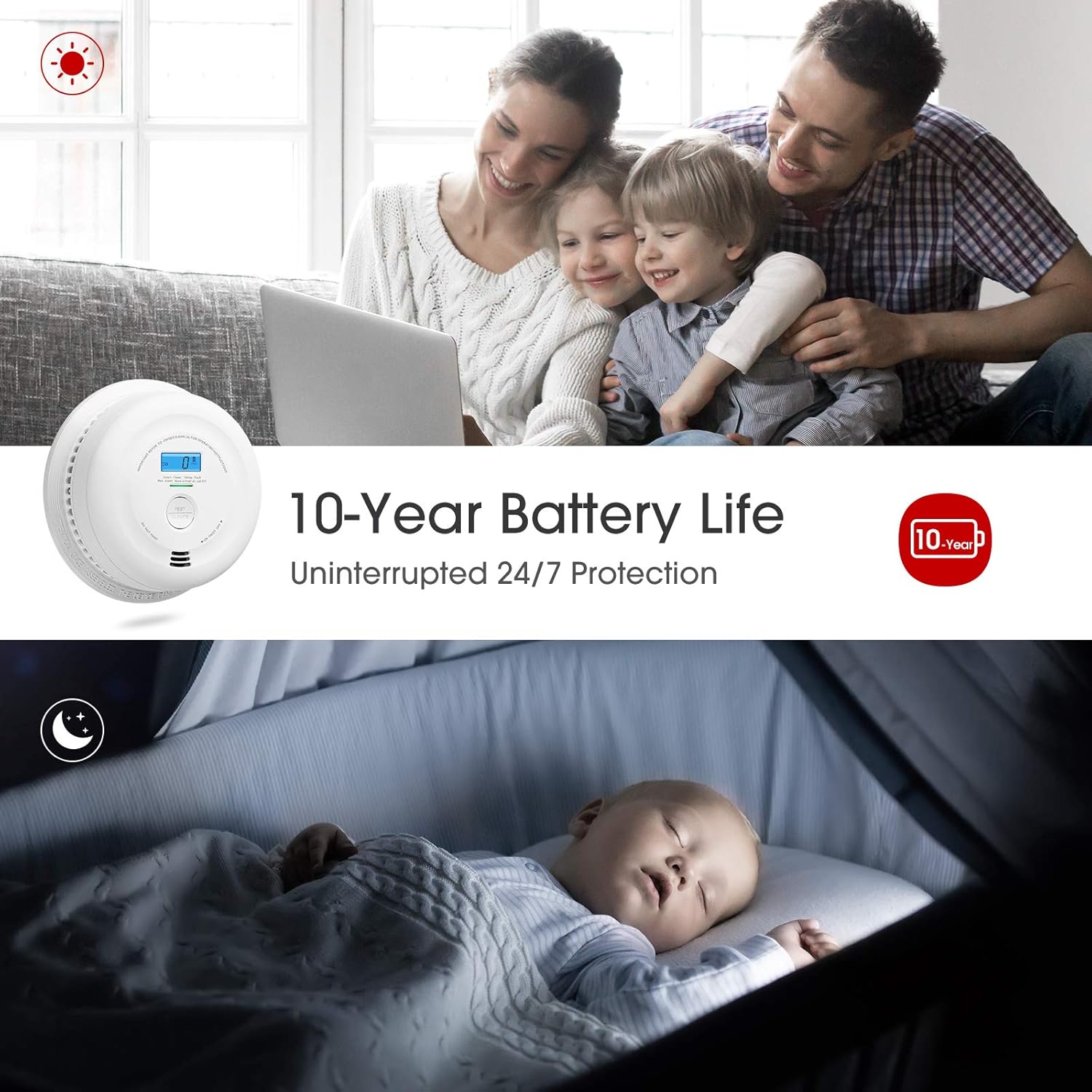 X-Sense 10-Year Battery Smoke and Carbon Monoxide Detector with LCD Display, Dual Sensor Smoke and CO Alarm Complies with UL 217 & UL 2034 Standards