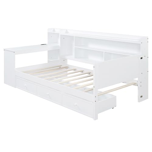 Bellemave Twin Corner Bed Frame with Storage Shelves and Desk, Wood Twin Size Daybed with Bookcase and Drawers and Storage, Gray