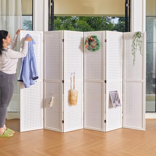 Room Divider Freestanding Folding Pegboard Privacy Screen | 4-Panel Display Stand for Jewelry, Craft Shows, Retail | Natural Wood