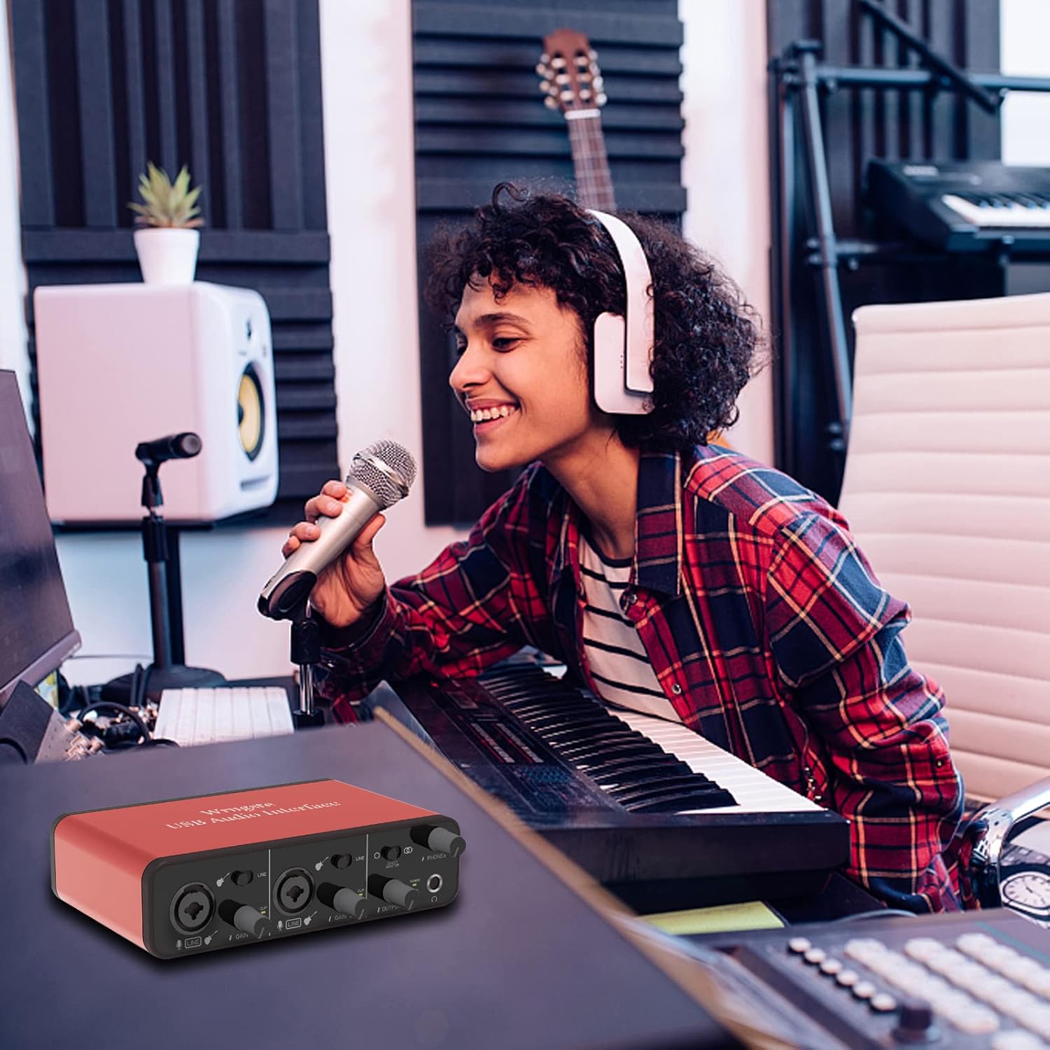 2i2 USB Audio Interface +48V Phantom Power 24Bit/96kHz for Recording Podcasting and Streaming Ultra-low Latency Plug and Play Noise-Free XLR Audio