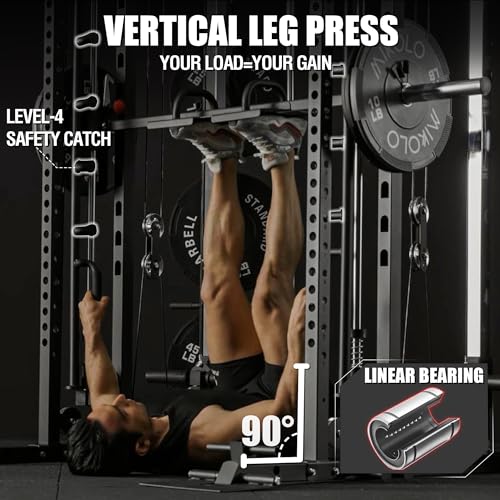 Mikolo Smith Machine, Multi-Function Power Cage with Dual Pulley System, Vertical Leg Press Attachment