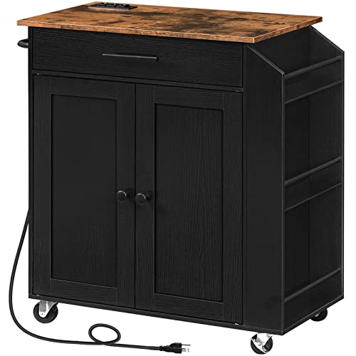 HOOBRO Kitchen Island with Power Outlet, Kitchen Storage Island with Spice Rack and Drawer, Rolling Kitchen on Wheels, for Home, Dining Room