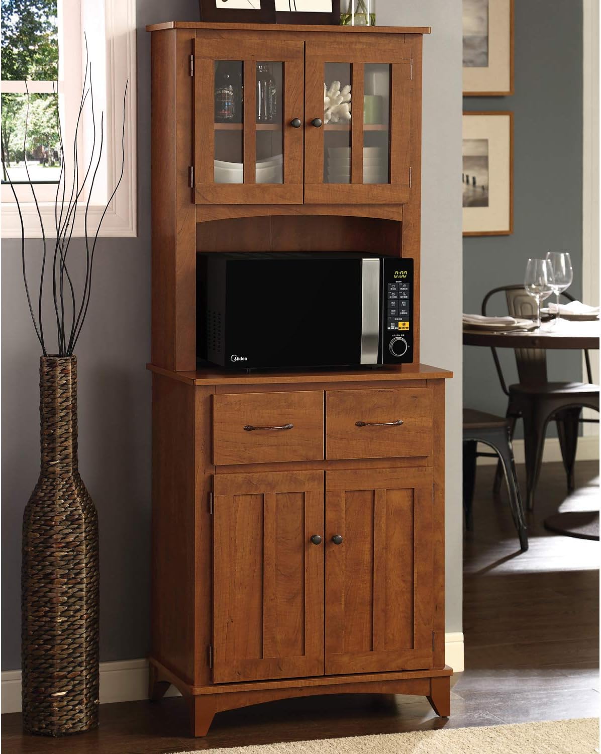 Home Source Gray Microwave Stand with Top and Bottom Cabinets