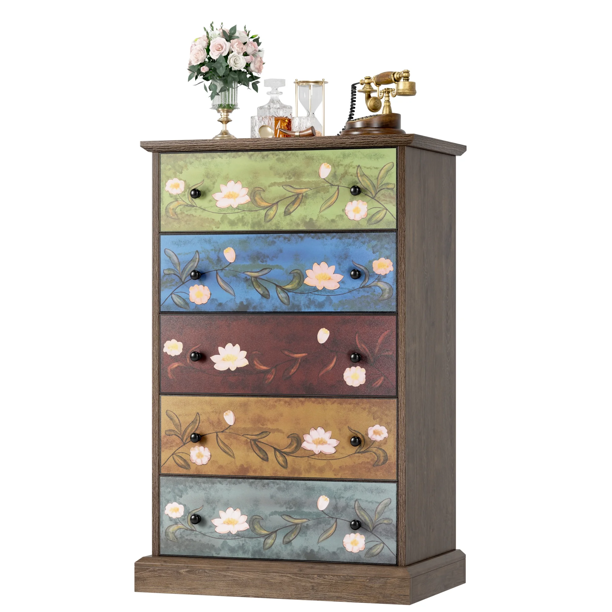Homfa 5 Drawer Dresser for Bedroom, Boho Wood Storage Cabinet for Entryway Living Room, Wide Top, Study Base, Women