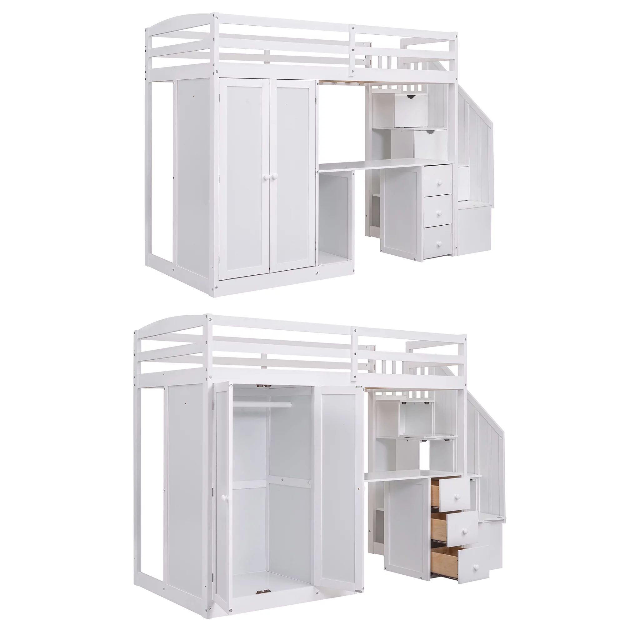 Bellemave Twin Size Loft Bed with Wardrobe and Staircase, Desk and Storage Drawers and Cabinet, Wood All-In-One Loft Bed Frame for Kids, Teens (White)