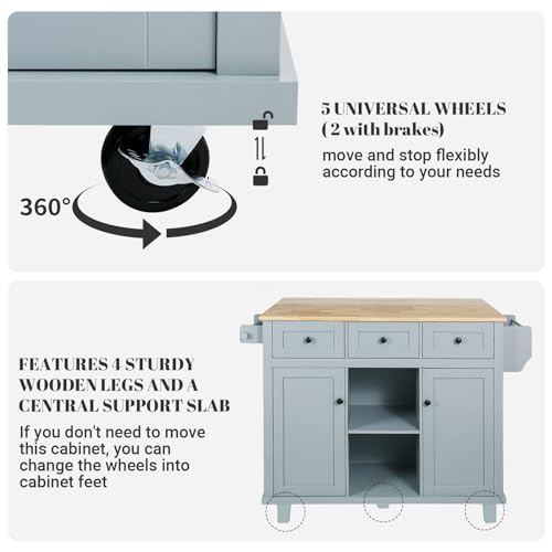 Rovibek Kitchen Island with Drawers 53 in Rolling Island Cart Mobile Solid Wood Portable Islands on Wheels with Storage Cabinet & Drawers, White