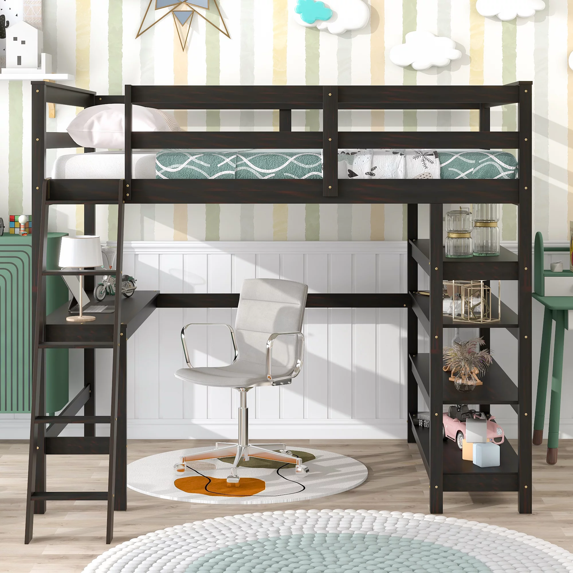 Wooden Full Loft Bed with Desk, Full Size Bunk Bed with 4 Tier Storage Shelves, Workstation Desk, Safety Rail, Wider Ladder for Kids Teens Adults
