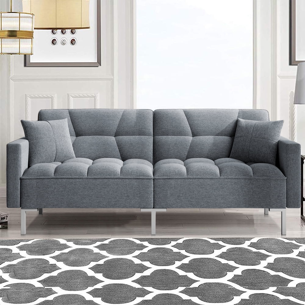 Gray Futon Sofa Bed, Convertible Folding Sofa Bed, Modern Upholstered Sleeper Sofa Bed with 2 Pillows and Metal Legs