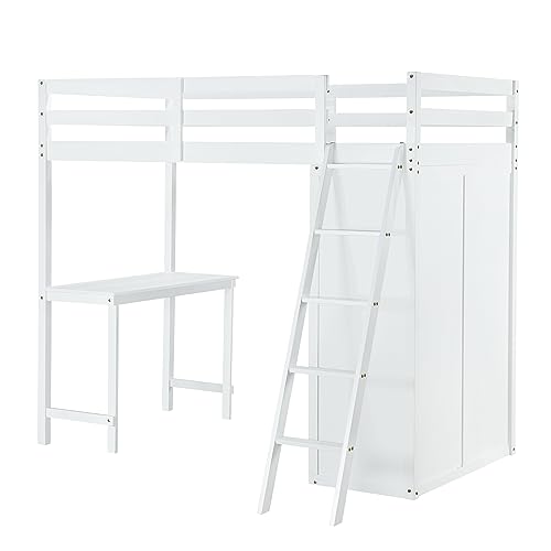 Twin Loft Bed with Staircase, Desk and Wardrobe, Wood Loft Bed with Storage Shelves and Safety Guardrail