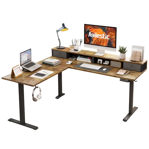 Agilestic L Shaped Electric Standing Desk with 2 Drawers, 63 Inch Ergonomic Adjustable Height Desk with Storage