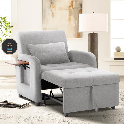 COLAMY Convertible Sleeper Chair-Fabric Futon Sofa Bed, Single Sleeper Sofa, Small Couch Bed with USB Port, Foldable Table, Pillow