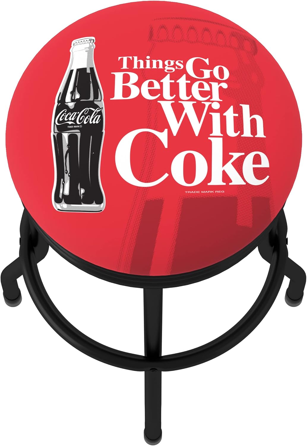 Bar Stool - Coca-Cola Things Go Better with Coke Bottle Art Stool with Retro Black Ribbed Side - Swivel Chair for Game Room, Garage
