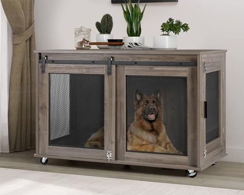 LINLUX 47 Inch XL Dog Crate Furniture, Wooden Heavy Duty Dog Kennel Indoor, Decorative Dog Cage Table for Extra Large Dogs, with Sliding Doors